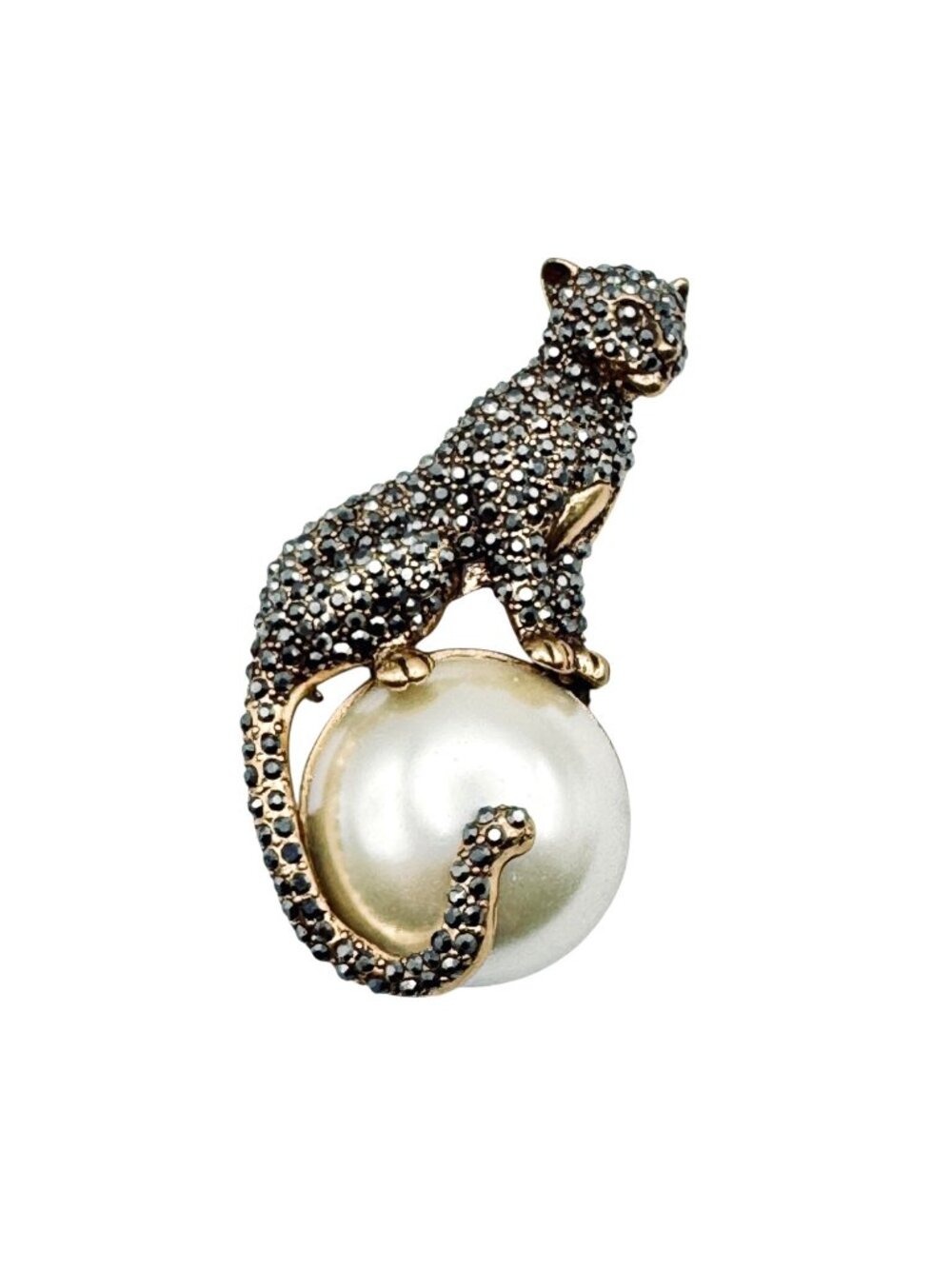 Vintage Leopard Brooch Marcasite Gold Tone Faux Pearl Old Money Regency Glam